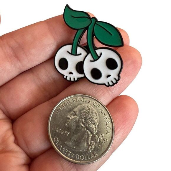 Cherry Skull Heads Enamel Pin Super Cute - Picture 5 of 8